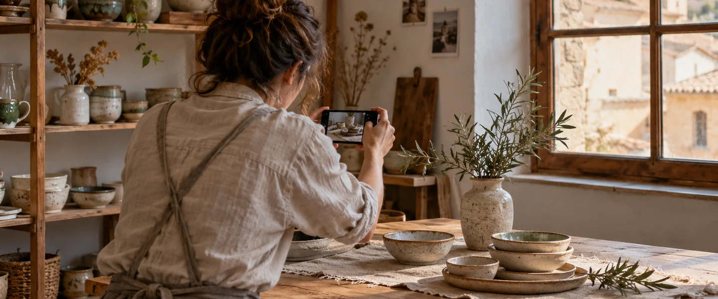 Artesana preparando las fotografías de sus piezas de cerámica