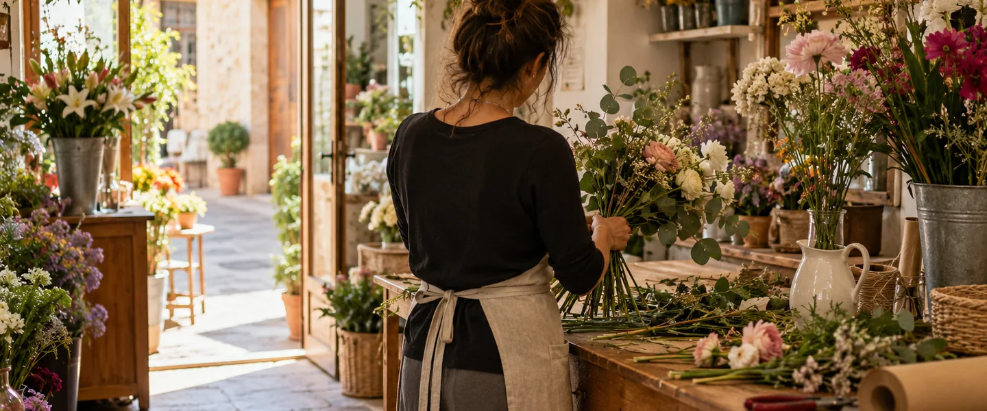 Florista trabajando en el mostrador de su tienda de barrio