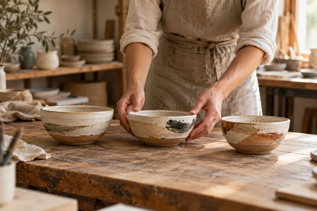 Tres detalles de una colección artesanal sobre la mesa de trabajo