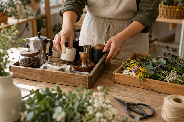Profesional organizando material de una cafetería y una floristería