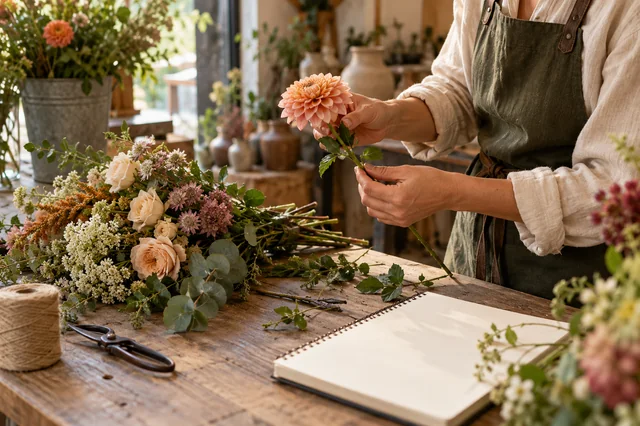 Florista buscando detalles de su trabajo para una publicación