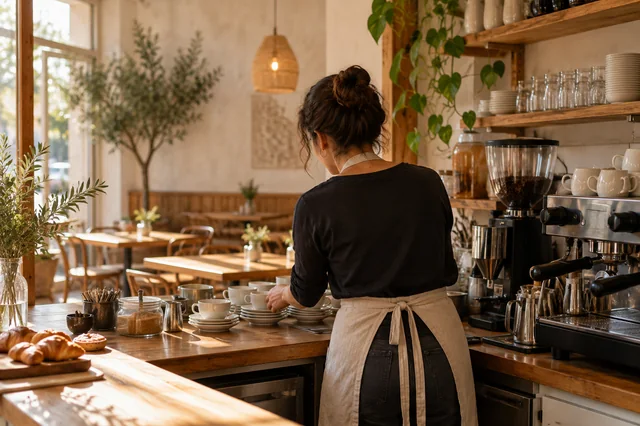 Dueño de una cafetería preparando con antelación su mesa de trabajo