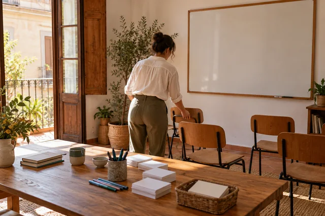 Profesora preparando tarjetas y sillas en un aula de idiomas