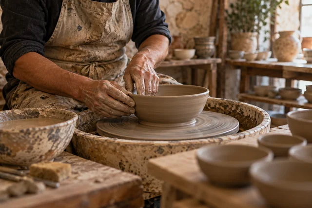 Alfarero dando forma a un cuenco de barro en el torno