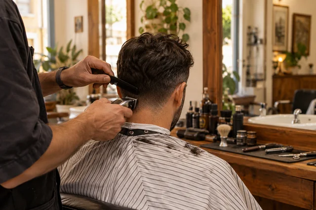 Barbero cortando el cabello de un adulto visto de espaldas