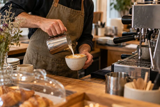 Barista vertiendo leche en una taza de café