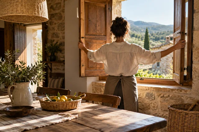 Anfitriona abriendo las contraventanas de una casa rural