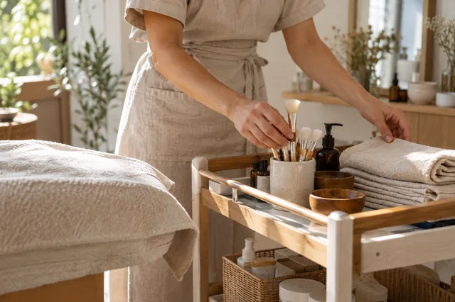 Profesional preparando brochas y toallas en un centro de estética