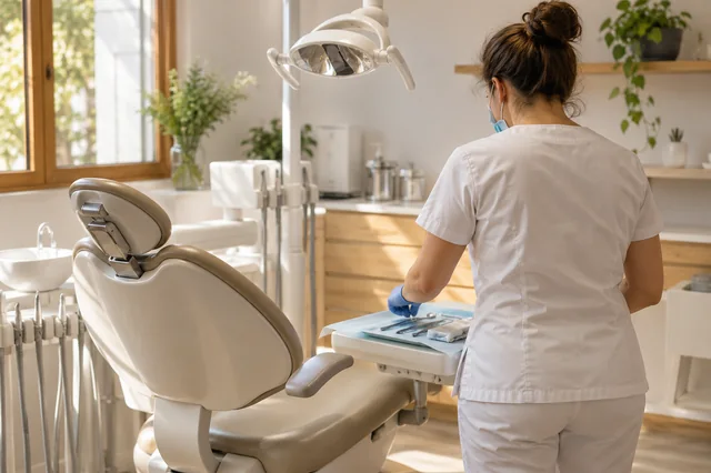 Profesional preparando el sillón y el material de una clínica dental