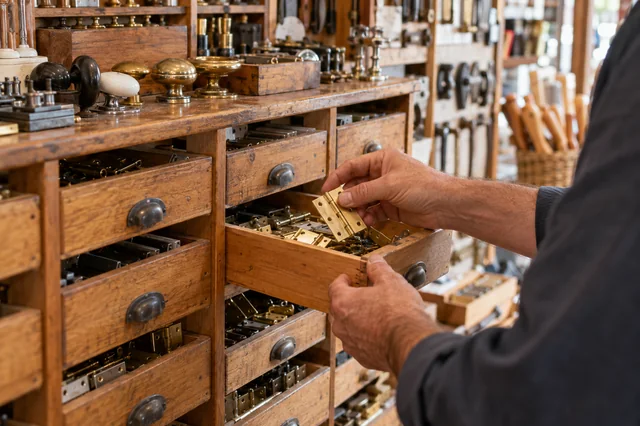 Ferretero seleccionando una bisagra de un cajón de piezas
