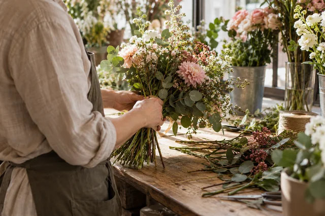 Manos de florista preparando un ramo de temporada