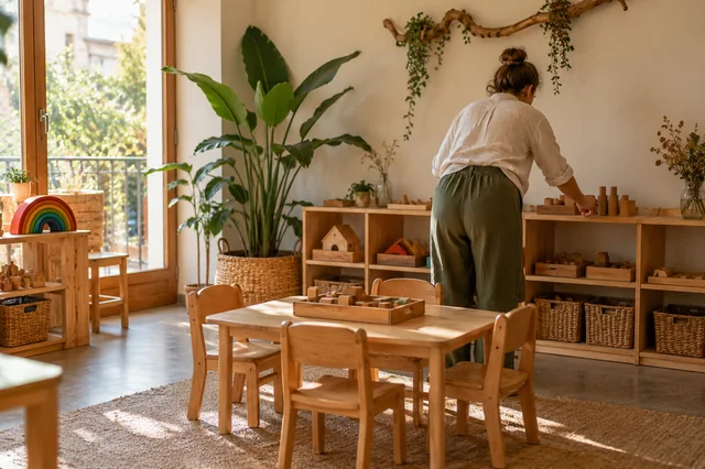 Educadora preparando bloques de madera en un aula infantil vacía