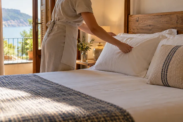 Trabajadora colocando una almohada en una habitación de hotel