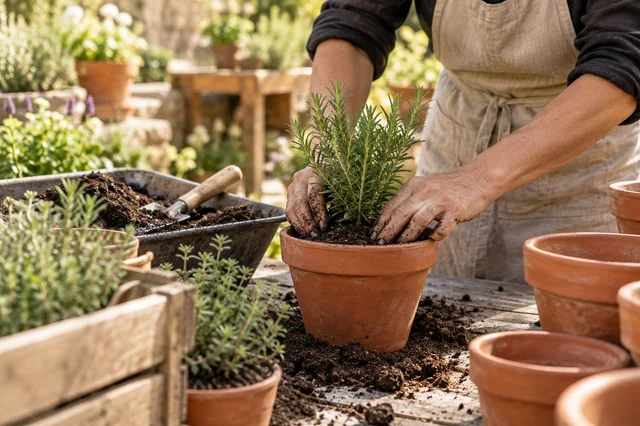 Manos plantando romero en una maceta de terracota