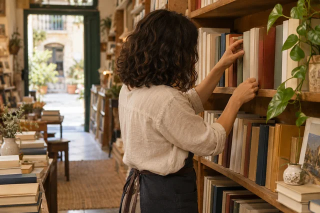 Librera ordenando libros en una estantería de madera