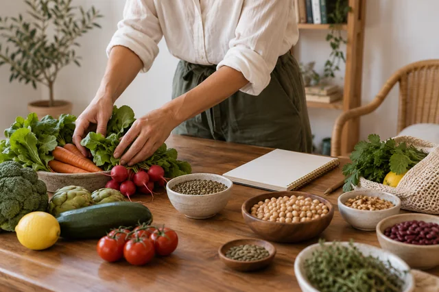Profesional de nutrición preparando verduras y legumbres