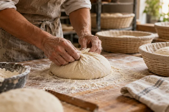 Manos dando forma a una masa de pan sobre una mesa enharinada