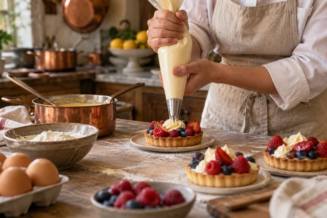Pastelero decorando una tarta de fruta con crema