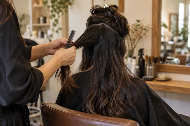 Peluquera separando mechones de cabello en su salón