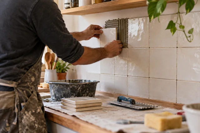Profesional colocando una baldosa durante una reforma de cocina