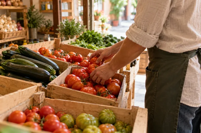 Comerciante colocando verduras en cajas de madera