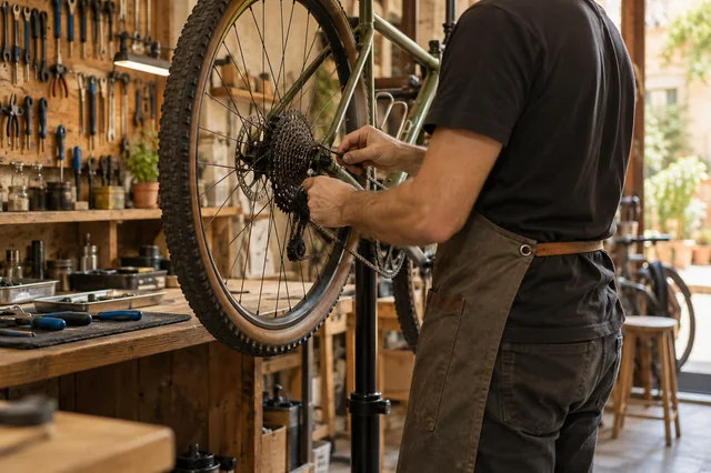 Mecánico ajustando una rueda de bicicleta en su taller