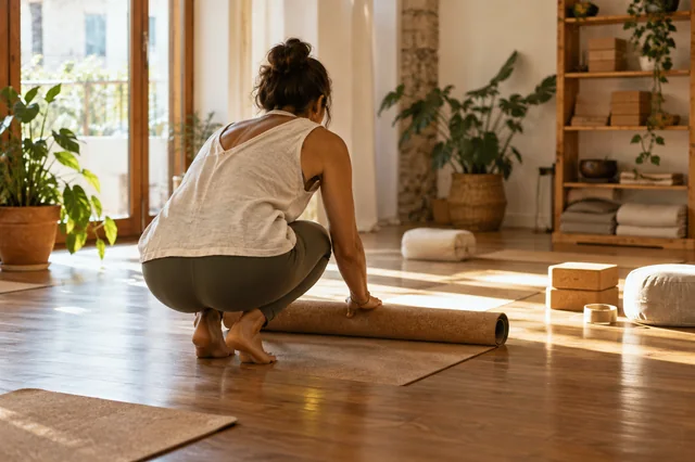 Profesora desenrollando una esterilla en su estudio de yoga