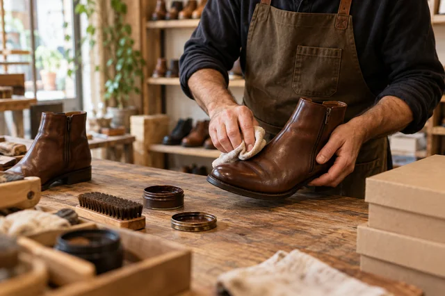 Manos limpiando una bota de piel en una zapatería